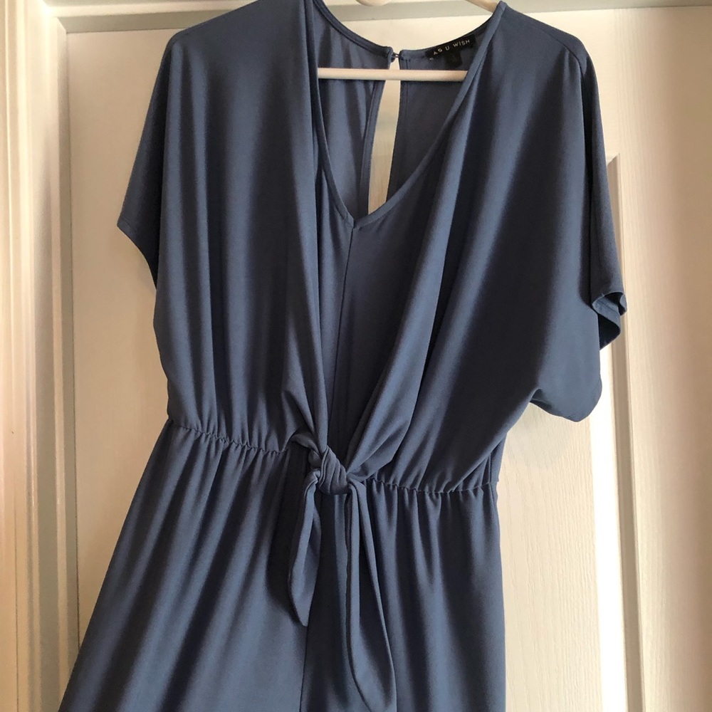 Blue Jumpsuit with tie at waist. Made by As U Wish. Worn once. Lots of stretch